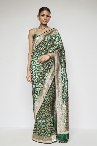 Madhusmita Benarasi Silk Embroidered Saree - Emerald Green